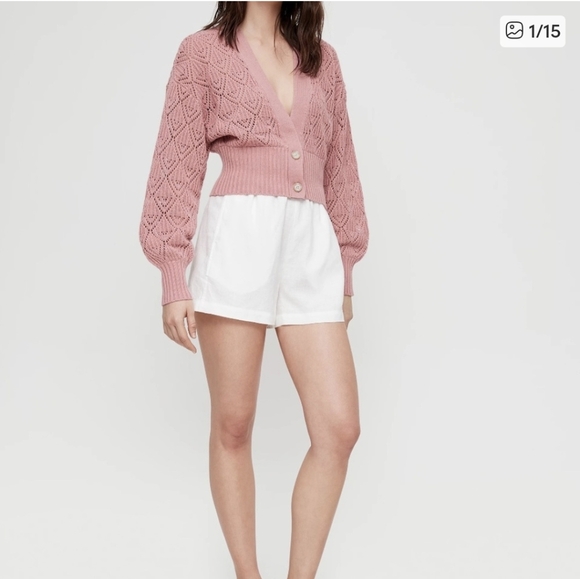 WILFRED Pointelle Plunge Front Cardigan Wool Crochet Oak White 2XS XXS Aritzia - Picture 5 of 12